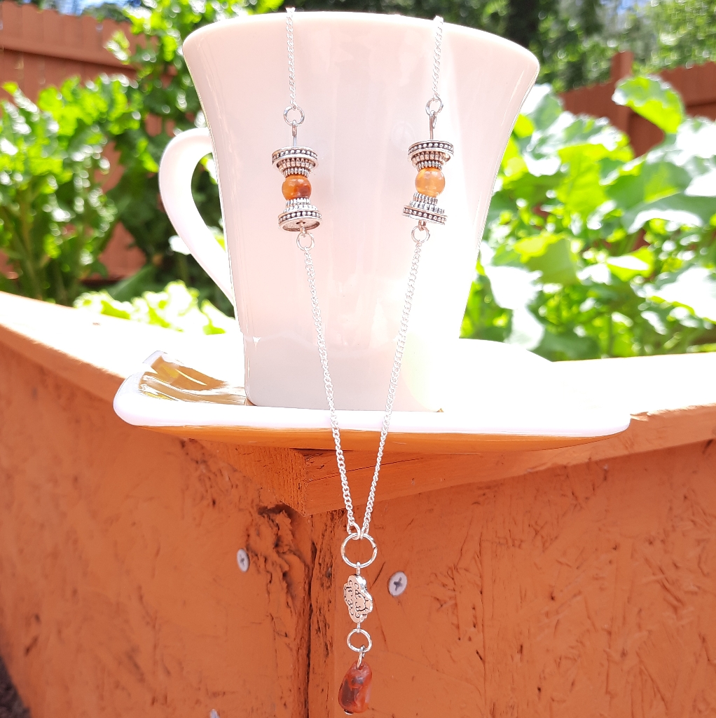 Agate Stone & Tibetan Silver Bead Dangle Necklace